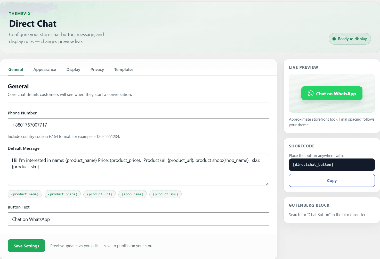 ThemeVix Direct Chat Button